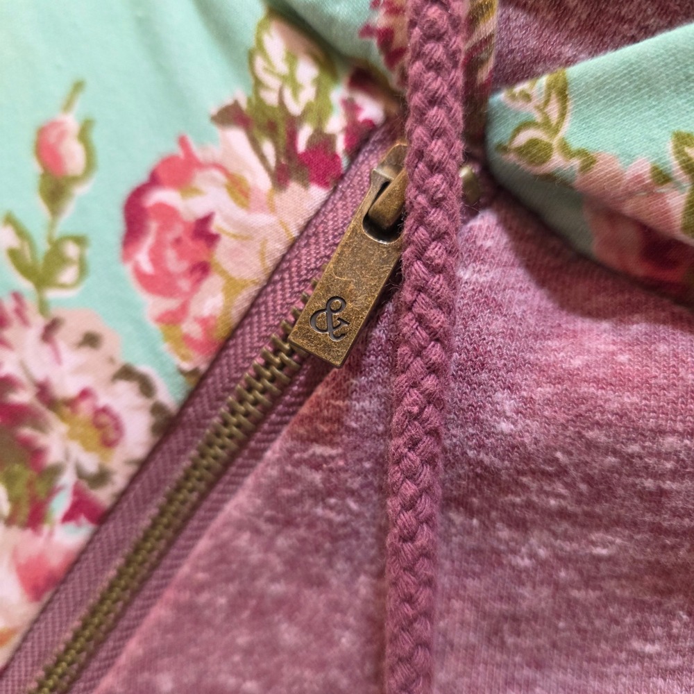 Ampersand Avenue Womens Floral Raglan Double Hood Hoodie Burgundy Mint Medium - Picture 4 of 5